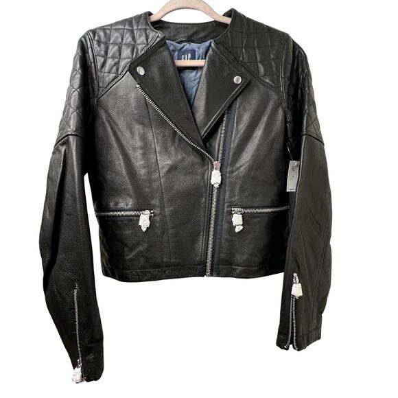 Md NWT GAP Black Quilted Leather Moto Jacket Biker Jacket Grunge Edgy Punk Goth - Picture 1 of 8